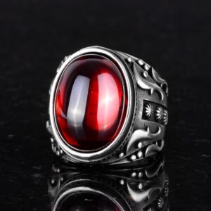 Üretilmiş Taş Yüzük, 925 Ayar Gümüş Yüzük, Tasarım Gümüş Erkek Yüzüğü (Cabochon Üretilmiş Granat Taşı) - Görsel 4