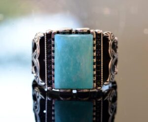 Gerçek Amazonit Dikdörtgen Taş Erkek Yüzük, 925 Ayar Gümüş - Görsel 5