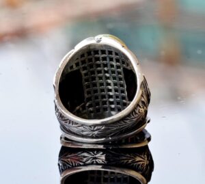 El Yapımı 925 Ayar Gümüş Erkek Yüzük, Gerçek Arizona Turkuaz Taşı - Karmaşık Osmanlı İşlemeli Tasarım - Özgün Gümüş Yüzük - Görsel 5