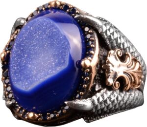 Doğal Druzy Kuvars ile 925 Ayar Gümüş Yüzük: Mavi, Lacivert, Yeşil, Kahverengi Varyasyonlar (Lacivert) - Görsel 1