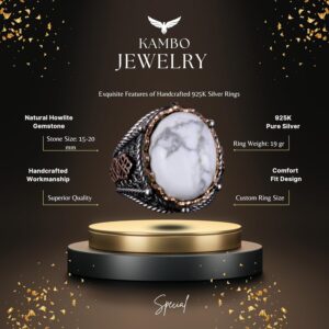 Gerçek Doğal Howlite Taş Yüzük, 925 Ayar Katı Gümüş Erkek Yüzüğü - Görsel 7