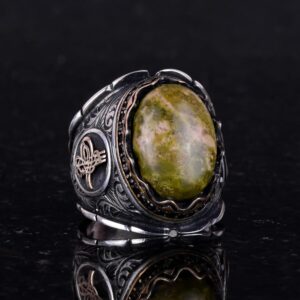 Gerçek Doğal Unakite Taşı Yüzük, El Yapımı 925K Katı Gümüş Erkek Yüzük, Sanatsal Tasarım, Osmanlı Tuğra Yüzüğü - Görsel 4