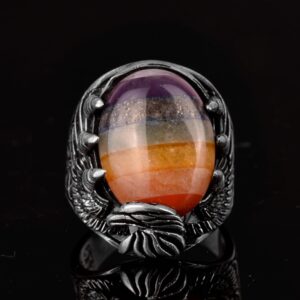 925 Ayar Gümüş Erkek Yüzük, Şahin Pençesi Yüzüğü, 7 Çakra Doğal Taşlardan Oluşan Yüzüğü, Gökkuşağı Yüzüğü - Görsel 2