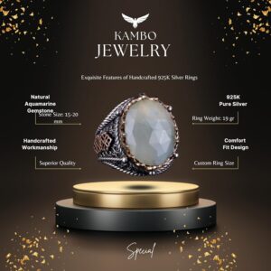 Doğal Akuamarin Taşlı Yüzük, Sakin 925 Ayar Sert Gümüş Erkek Yüzük - Görsel 7