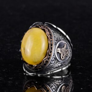 Osmanlı Tuğra Gümüş Yüzük, Doğal Sarı Akik Taşlı Yüzük, 925 Ayar Gümüş Yüzük Erkekler İçin - Görsel 6