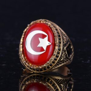 925 Ayar Gümüş Altın Kaplama Erkek Yüzük - Hilal ve Yıldız Tasarımı (Kırmızı) - Görsel 6