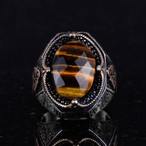 El Yapımı Doğal Kaplan Gözlü Taş Yüzük - 925 Ayar Katı Gümüş Erkek Yüzüğü, Cesur Tasarım - Görsel 4