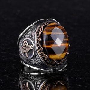 Osmanlı Tuğra Gümüş Yüzük, Doğal Taş Yüzük, 925 Ayar Gümüş Erkek Yüzük (Kaplan Göz) - Görsel 4