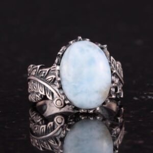 Sterling Gümüş Kadın Yüzük, Gerçek Doğal Larimar Taşı ile, Vintage Bohem Tasarım - Görsel 5