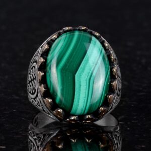 925K Katı Gümüş Erkek Yüzük Doğal Taşlarla - El Yapımı Zarafet (Malakit Taşı) - Görsel 2