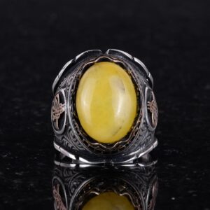 Osmanlı Tuğra Gümüş Yüzük, Doğal Sarı Akik Taşlı Yüzük, 925 Ayar Gümüş Yüzük Erkekler İçin - Görsel 5