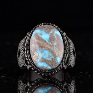 Gerçek Doğal Arizona Turkuaz Baykuş Figürlü Taş Yüzük, Gümüş Erkek Yüzüğü - El Yapımı Tasarım (Model-1) - Görsel 4