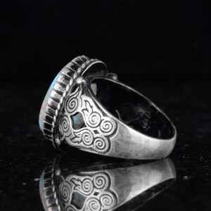 Gerçek Doğal Arizona Turkuaz Baykuş Figürlü Taş Yüzük, Gümüş Erkek Yüzüğü - El Yapımı Tasarım (Model-1) - Görsel 7