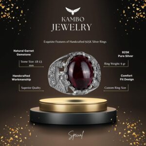 Doğal Cabochon Garnet Taş Yüzük, İslami Camii 925 Ayar Gümüş Yüzük - Görsel 2