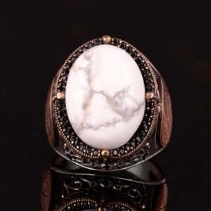 David Yıldızı Gümüş Yüzük, Doğal Howlite Taşı Yüzük - Sakinleştirici 925 Ayar Saf Gümüş Erkek Yüzük - Dikkatli Huzur Tasarımı - Görsel 5