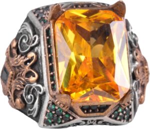 Sterling Gümüş Erkek Yüzük ile Yapay Sitrin Taşı – Vintage Tasarım – El Yapımı İfadesel Yüzük - Görsel 1