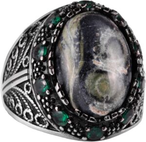 Gerçek Doğal Yeşil Göz Taşı Yüzük - El Yapımı 925 Ayar Gümüş Erkek Takısı - Görsel 1