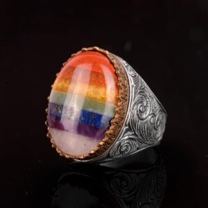 Gümüş Erkek Yüzük, Gökkuşağı Yüzük, Çok Renkli Yüzük - Görsel 4