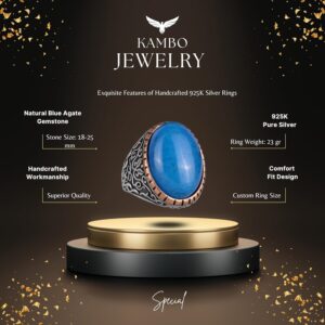 Doğal Mavi Akik Taşı Yüzük, %925 Katı Gümüş Yüzük Erkekler İçin, Büyük Yüzük, Tasarım Gümüş Erkek Yüzüğü - Görsel 2