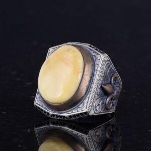 925 Ayar Gümüş Erkek Büyük Yüzük - Gerçek Doğal Amber Taşı - Zulfiqar Kılıcı Sembolü ile Gümüş Yüzük - Görsel 5