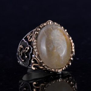 Yelkenci Çapa Yüzüğü, Cabochon Altın Rutilatlı Kuvars Taşlı Yüzük, 925 Ayar Katı Gümüş Erkek Yüzüğü - Görsel 4