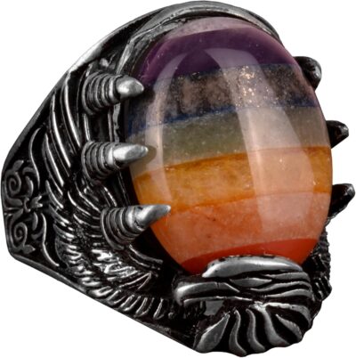 925 Ayar Gümüş Erkek Yüzük, Şahin Pençesi Yüzüğü, 7 Çakra Doğal Taşlardan Oluşan Yüzüğü, Gökkuşağı Yüzüğü - Görsel 1