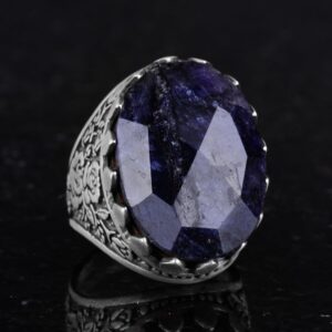 925 Ayar Gümüş Yüzük - Gül Desenli Yüzük - Yapay Taş Yüzük - El Yapımı Yüzük (Yapay Safir) - Görsel 5