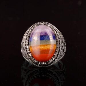 Gümüş Erkek Yüzük, Gökkuşağı 7 farklı Dogal Taş Toplamı Yüzük, Çok Renkli Yüzük - Görsel 5