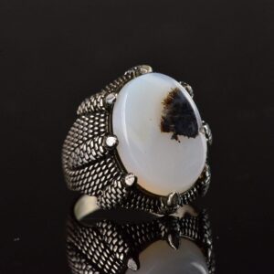 Sterling Gümüş Erkek Yüzük, Gerçek Yemen Ağaç Agat Taşı Yüzük, Kartal Pençesi Tasarımı - Görsel 3