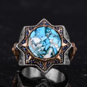 Gerçek Doğal Turkuaz Taşlı Gümüş Erkek Yüzük, Yıldız İlhamlı Tasarım - Görsel 4