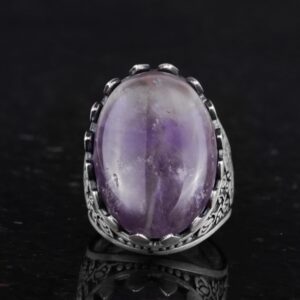 Gerçek Doğal Taş Yüzük - Gül Desenli Yüzük - 925 Ayar Gümüş Yüzük - El Yapımı Büyük Yüzük (Ametist) - Görsel 4