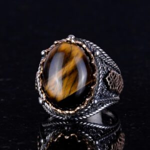 El Yapımı Kaplan Gözlü Doğal Taş Yüzük, 925K Katı Gümüş Erkek Yüzüğü, Cesur Tasarım - Görsel 4