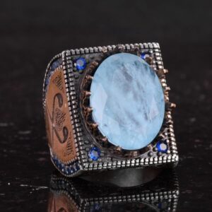 925 Ayar Gümüş İslami Yüzük, Yapay Taş Yüzük, El Yapımı Hat Yazısı Yüzük (Yapay Açık Mavi Paraiba) - Görsel 5