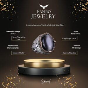 925K Ayar Gümüş Yüzükler Premium Oluşturulmuş Taşlarla (Siyah Kedi Gözlü) - Görsel 5