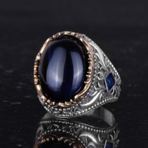 Yapay Taş Yüzük - El Yapımı Erkek Yüzüğü - Zarif 925 Ayar Gümüş Erkek Yüzüğü (Yapay Lacivert Kedi Göz) - Görsel 6