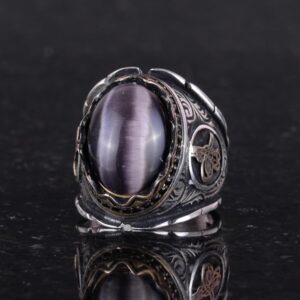 925 Ayar Katı Gümüş Erkek Yüzük, Ametist Kedi Gözü Doğal Taş Yüzük, Osmanlı Tuğra Yüzüğü, El Yapımı Zarafet - Görsel 5