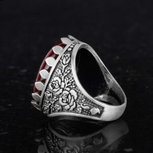 Gerçek Doğal Taş Yüzük - Gül Desenli Yüzük - 925 Ayar Gümüş Yüzük - El Yapımı Büyük Yüzük (Kırmızı Akik) - Görsel 7