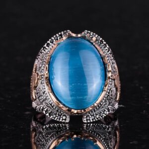 İslami Camii 925 Ayar Gümüş Erkek Yüzük, Açık Mavi Kedi Gözü Oluşan Taş Yüzük - Görsel 4