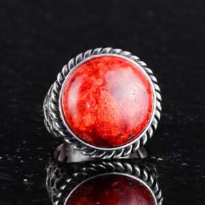 Gerçek Doğal Taş Yüzük - 925K Katı Gümüş Erkek Yüzüğü Kırmızı Mercan ile - Görsel 3