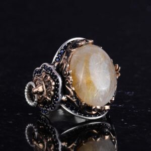 Gerçek Doğal Cabochon Altın Rutile Kuvars Taşı Yüzüğü, 925K Katı Gümüş Erkek Yüzüğü, Aslan Başı Yüzüğü - Görsel 5