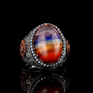 Doğal Gümüş Erkek Yüzük, Gökkuşağı Taşlı Yüzük, Çok Renkli Yüzük, 925 Ayar Gümüş Erkek Yüzük - Görsel 2