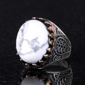 925 Ayar Katı Gümüş Erkek Yüzük, Doğal Taşlarla - El Yapımı Zarafet (Howlite Taşı) - Görsel 4