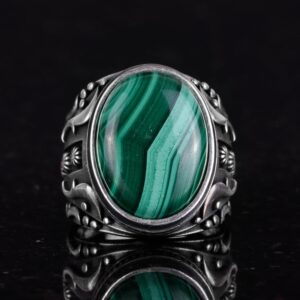 Doğal Malakit Taşlı Yüzük, 925 Ayar Sıkı Gümüş Erkek Yüzüğü - Görsel 4