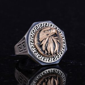 925 Ayar Gümüş Yüzük - Yunan Anahtarı Desenli Erkek Yüzüğü - El Yapımı Yüzük (Kartal) - Görsel 4