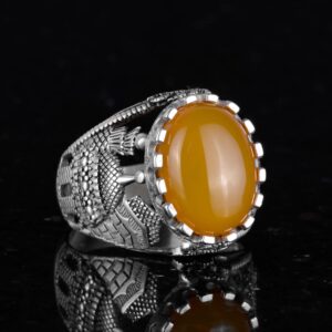 Doğal Sarı Akik Taş Yüzük, 925 Ayar Sert Gümüş İslami Yüzük Erkekler İçin - Görsel 3