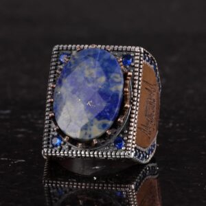 Gerçek Doğal Sodalit Taş Yüzük - 925 Ayar Gümüş İslami Yüzük - El Yapımı Hat Yüzük - Görsel 6