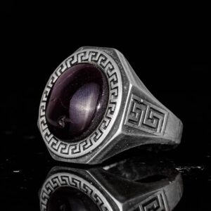 Erkekler için 925 Ayar Gümüş Yüzük, Doğal Yıldız Garnet Taşı - Yunan Desen Tasarımı - Görsel 5