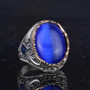 Yapay Taş Yüzük - El Yapımı Erkek Yüzüğü - Şık 925 Ayar Gümüş Erkek Yüzüğü (Yapay Mavi Kedi Gözü) - Görsel 5