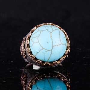 925 Ayar Gümüş Yüzük - Kral Yüzük - Yapay Taş Yüzük - El Yapımı Yüzük (Yapay Turkuaz) - Görsel 4