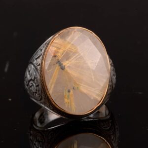 Gerçek Doğal Rutile Kuvars Taşlı Erkek Yüzük, 925 Ayar Gümüş Yüzük - Görsel 3